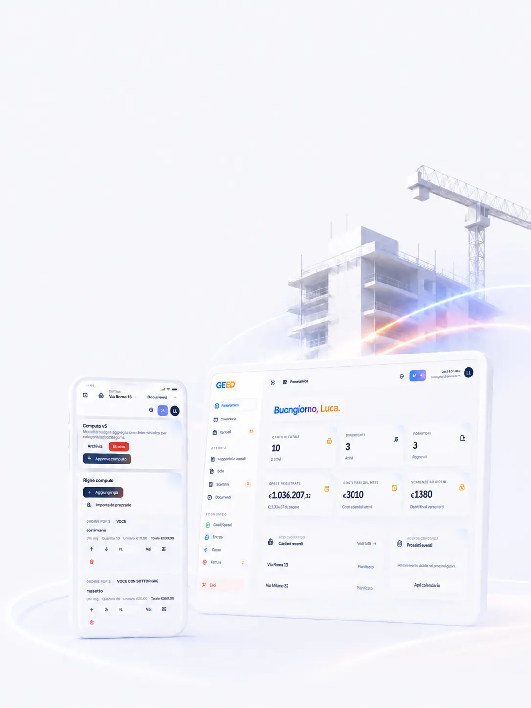 Dashboard GEED con mockup desktop e mobile per la gestione dell'impresa edile